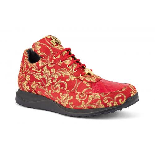 Mauri "8900/2" Red  / Gold Genuine Crocodile / Gobelins Fabric Casual Sneakers.